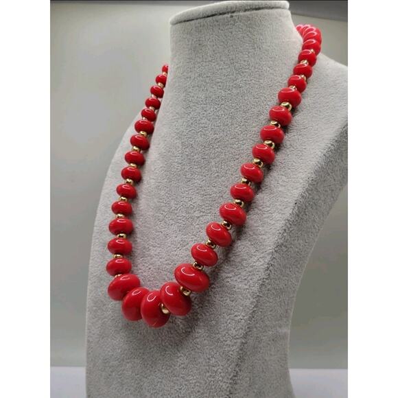 Vintage Napier Red Bead Necklace Gold Tone Spacers 18 Inch Bold Donut Beads - Picture 3 of 6